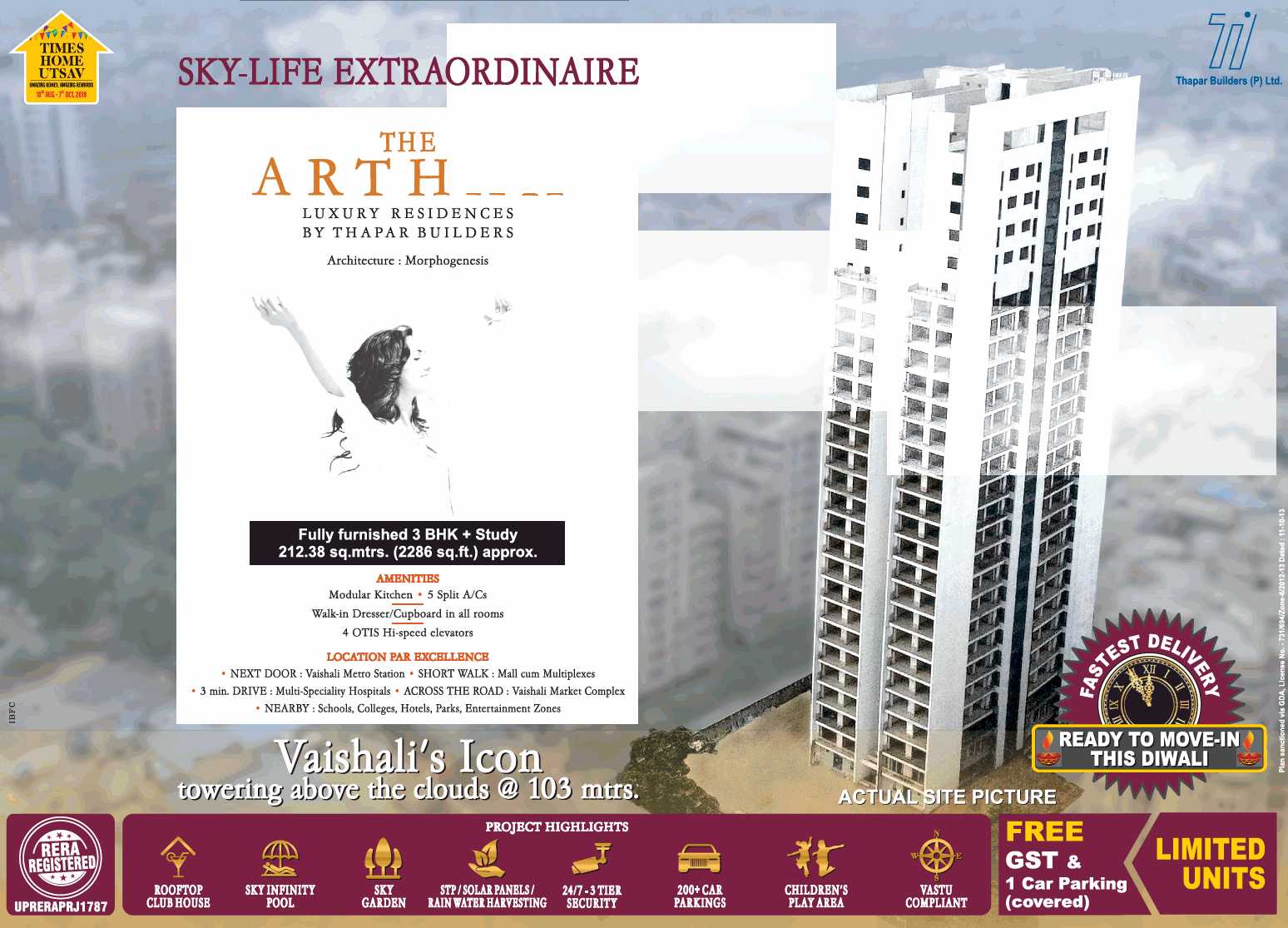 Book fully furnished 3 BHK+ study apartments at Thapar The Arthah in Ghaziabad Update